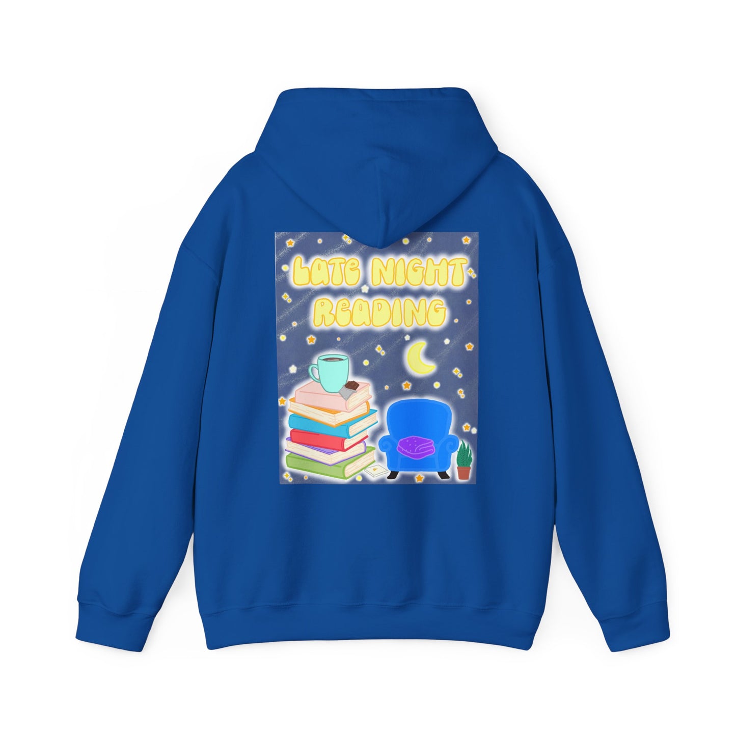 Late Night Reading Hoodie — Cozy Book Lover Pullover with Moon & Books Graphic (White Text)