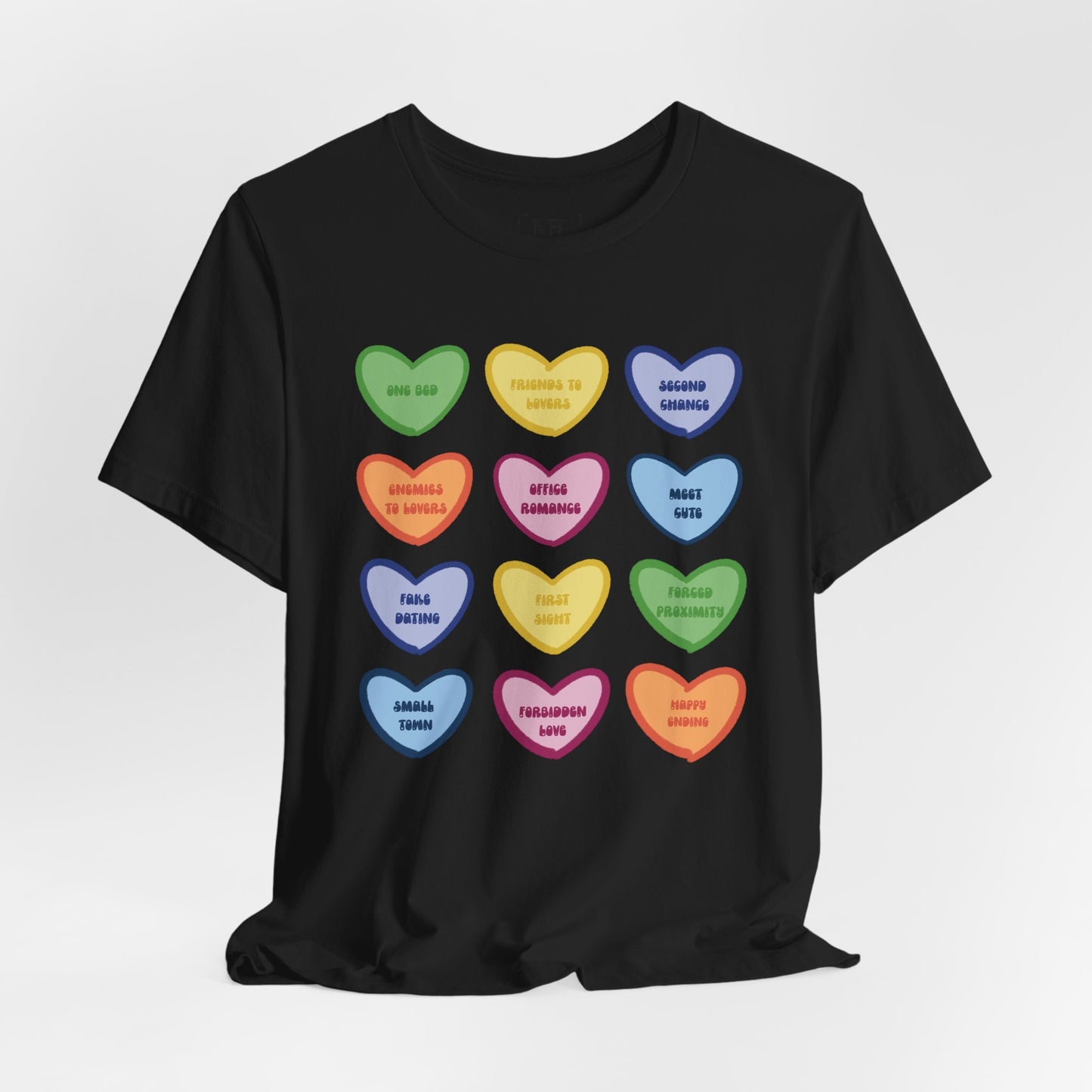 Romance Book Tropes Conversation Heart Graphic Tee — Cute Pastel Candy Hearts with Messages