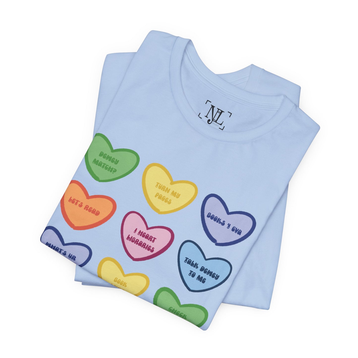 Library Conversation Heart Graphic Tee — Cute Pastel Candy Hearts with Messages