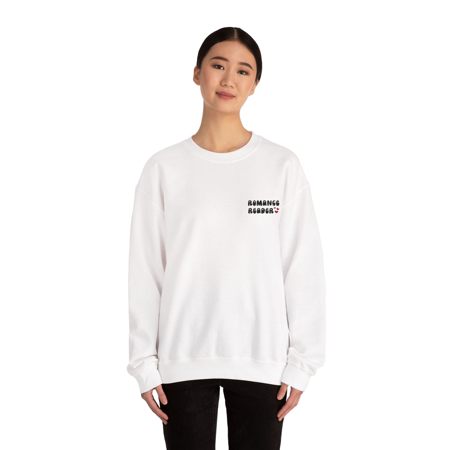 "Romance Reader" - Embroidered Literary Crewneck Sweatshirt (Black Text with Maroon Hearts)