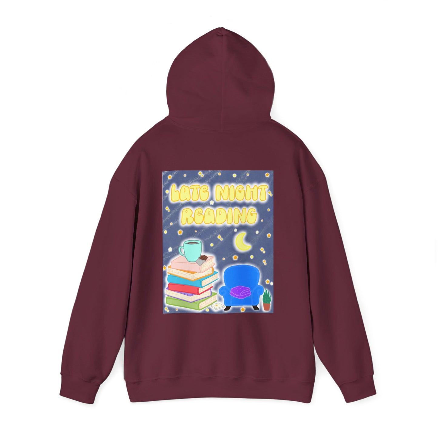 Late Night Reading Hoodie — Cozy Book Lover Pullover with Moon & Books Graphic (White Text)