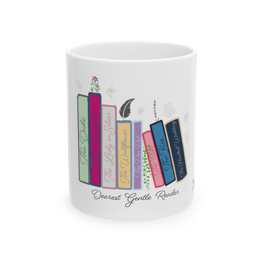 Dearest Gentle Reader Book Stack - Regency Romance Inspired Ceramic Book Lover Coffee Cup (11oz & 15oz)