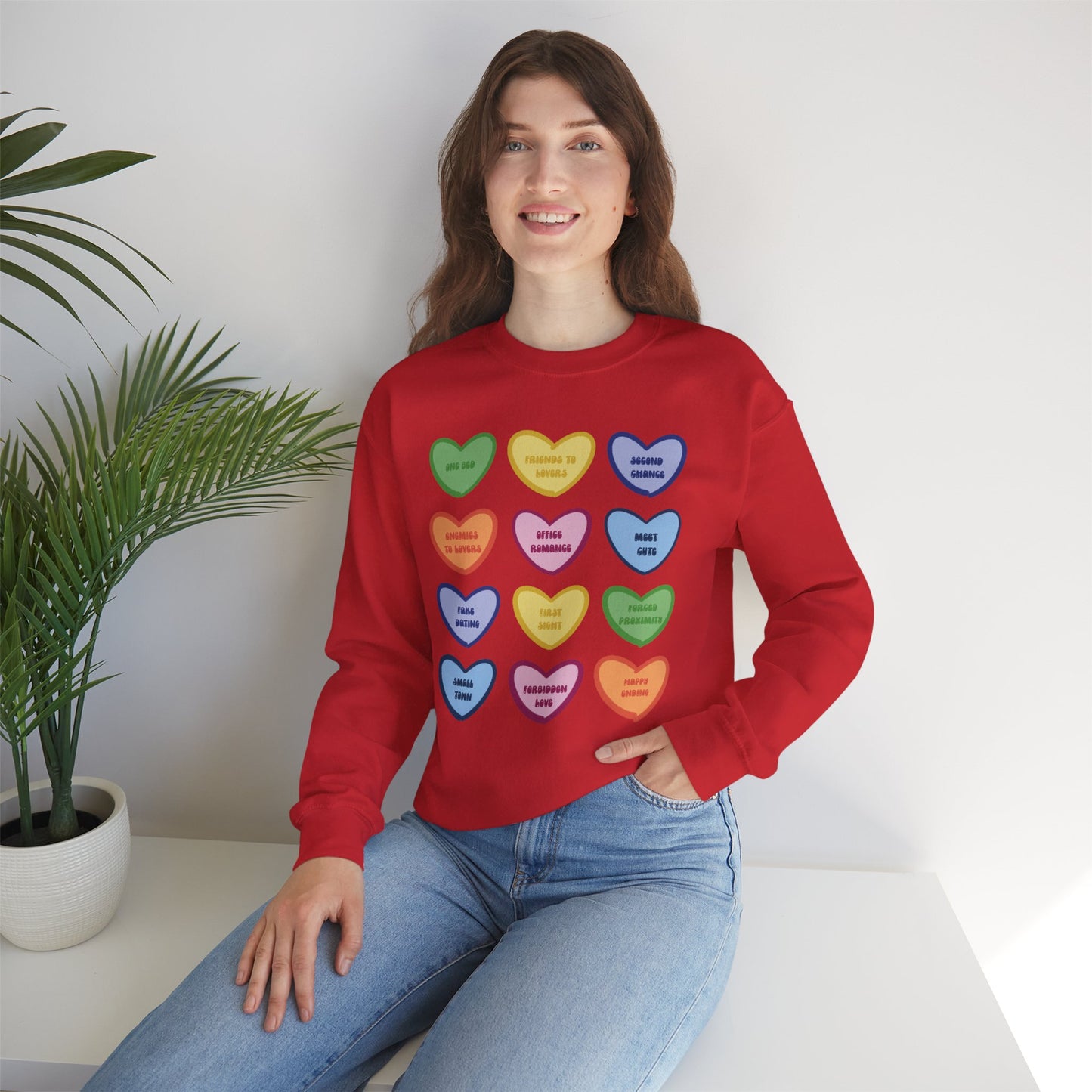 Romance Book Tropes Conversation Heart Sweatshirt — Colorful Valentine Candy Heart Graphic Crewneck