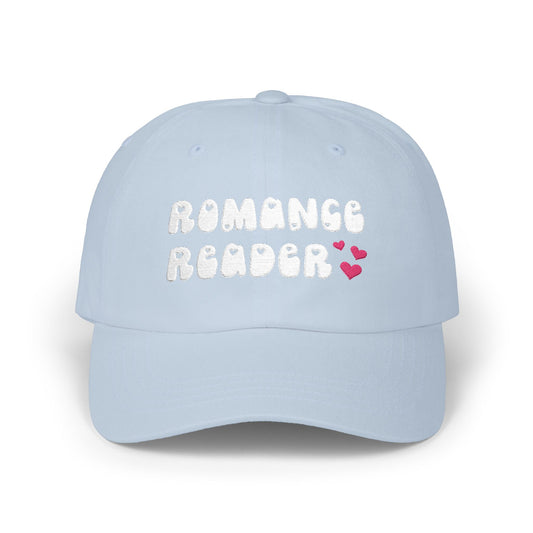 "Romance Reader" - Embroidered Literary Dad Cap (White Text with Maroon Hearts)