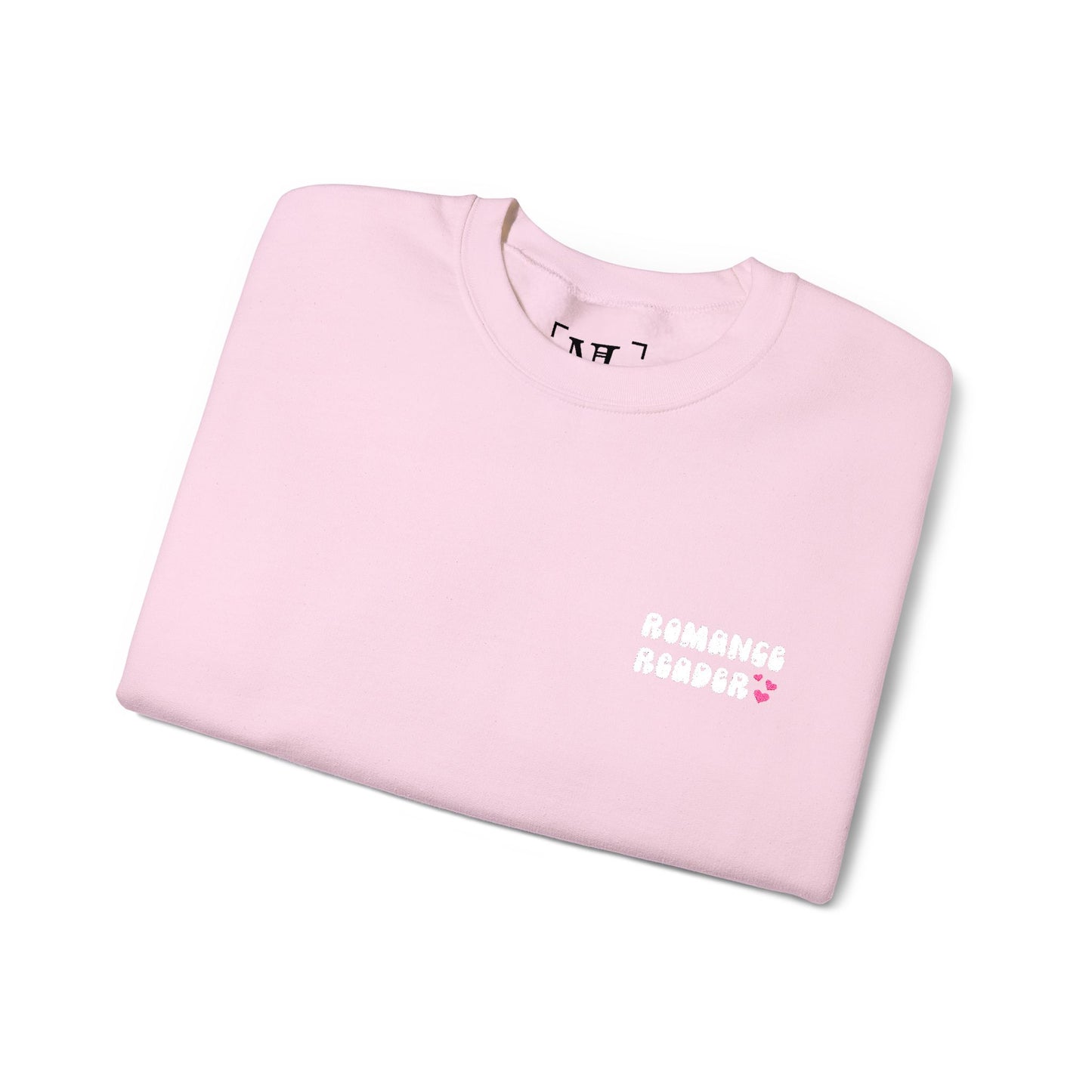 "Romance Reader" - Embroidered Literary Crewneck Sweatshirt (White Text with Pink Hearts)