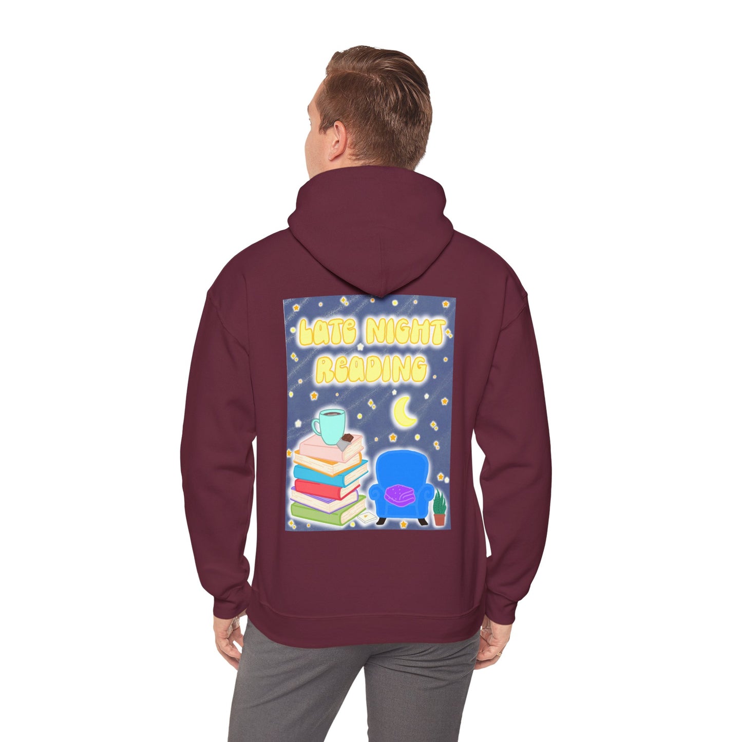 Late Night Reading Hoodie — Cozy Book Lover Pullover with Moon & Books Graphic (White Text)