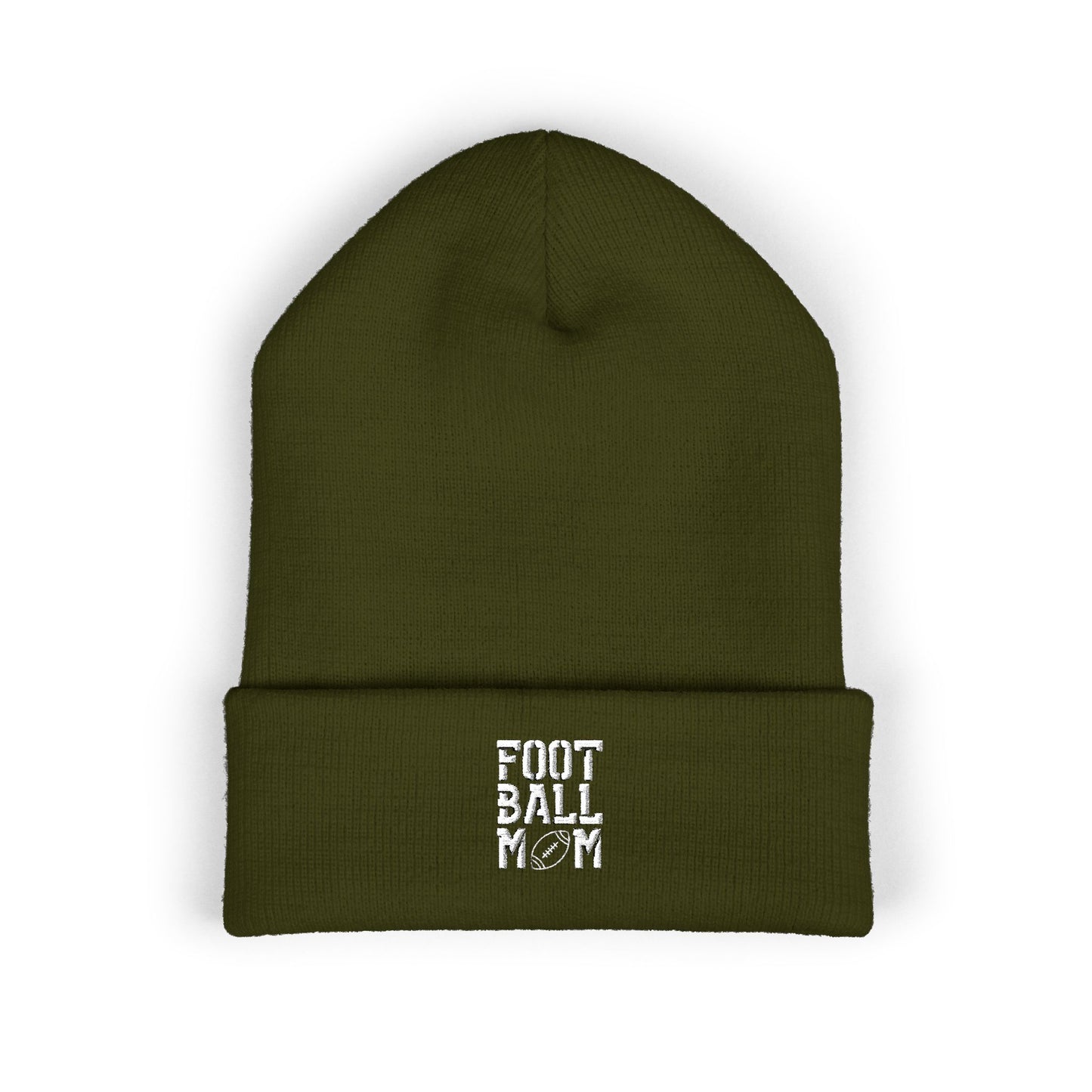 Football Mom Embroidered Cuffed Beanie – Cozy Sideline Knit Hat (White Text)