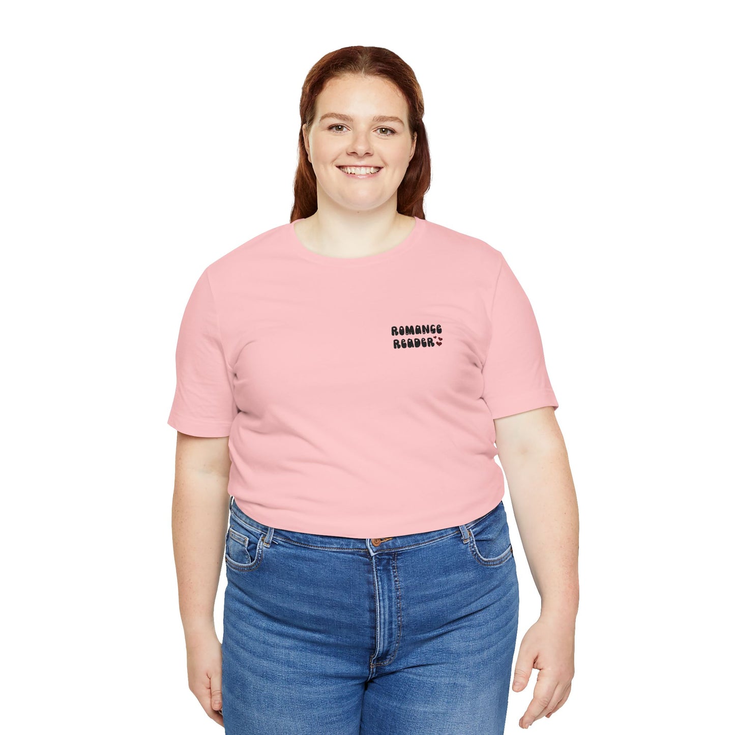 "Romance Reader" - Embroidered Literary Tee (Black Text with Maroon Hearts)