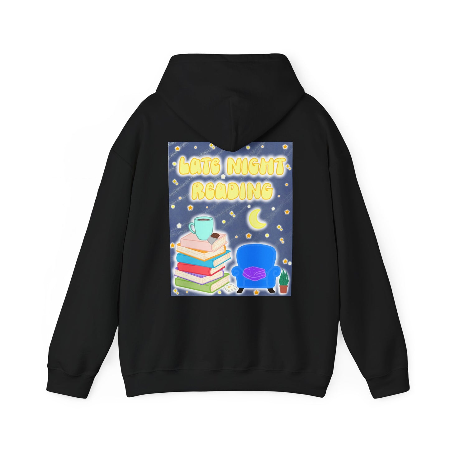 Late Night Reading Hoodie — Cozy Book Lover Pullover with Moon & Books Graphic (White Text)