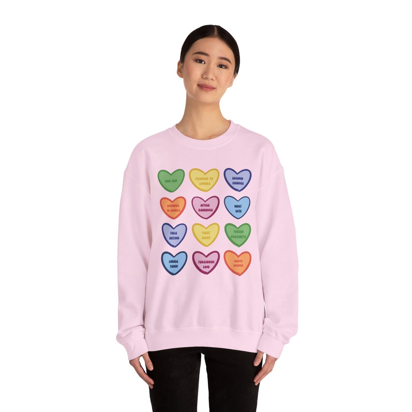 Romance Book Tropes Conversation Heart Sweatshirt — Colorful Valentine Candy Heart Graphic Crewneck