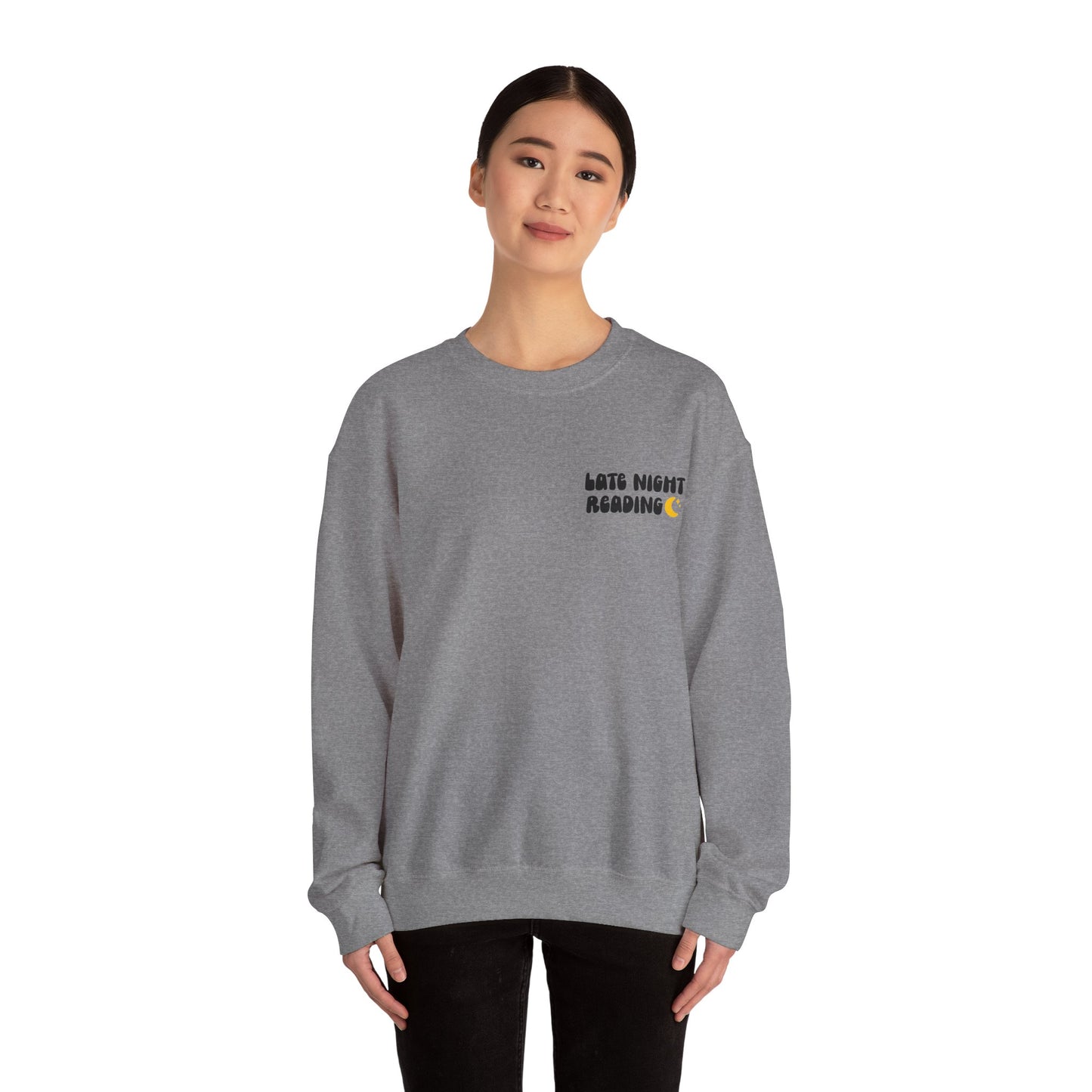 "Late Night Reading " — Cozy Book Lover Crewneck (Black Text)