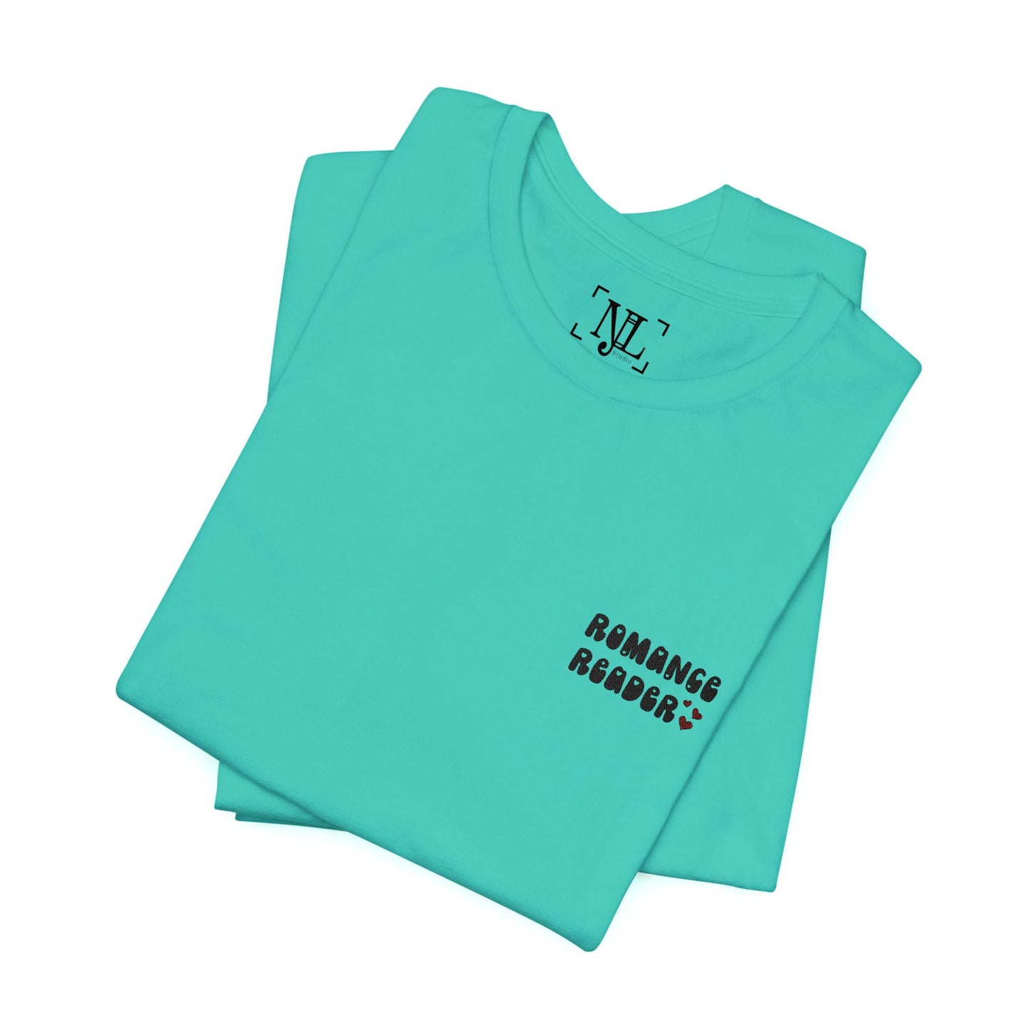 "Romance Reader" - Embroidered Literary Tee (Black Text with Maroon Hearts)