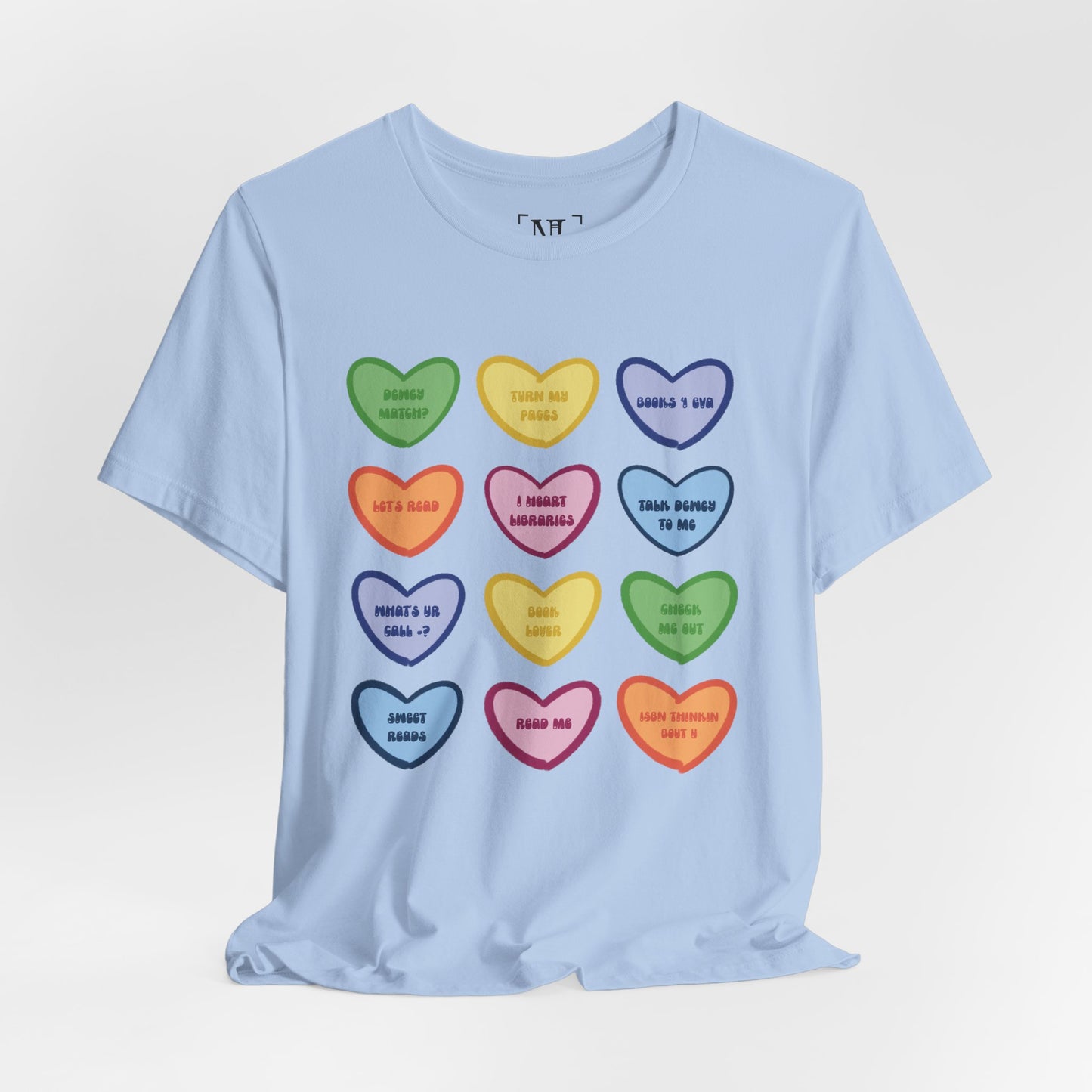 Library Conversation Heart Graphic Tee — Cute Pastel Candy Hearts with Messages