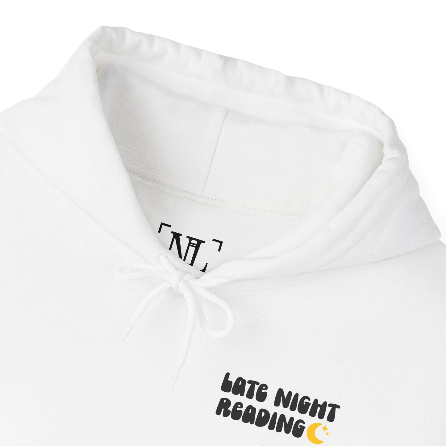 Late Night Reading Hoodie — Cozy Book Lover Pullover with Moon & Books Graphic (Black Text)