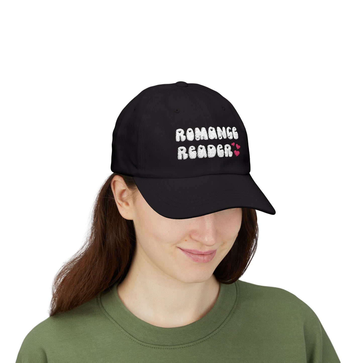 "Romance Reader" - Embroidered Literary Dad Cap (White Text with Maroon Hearts)