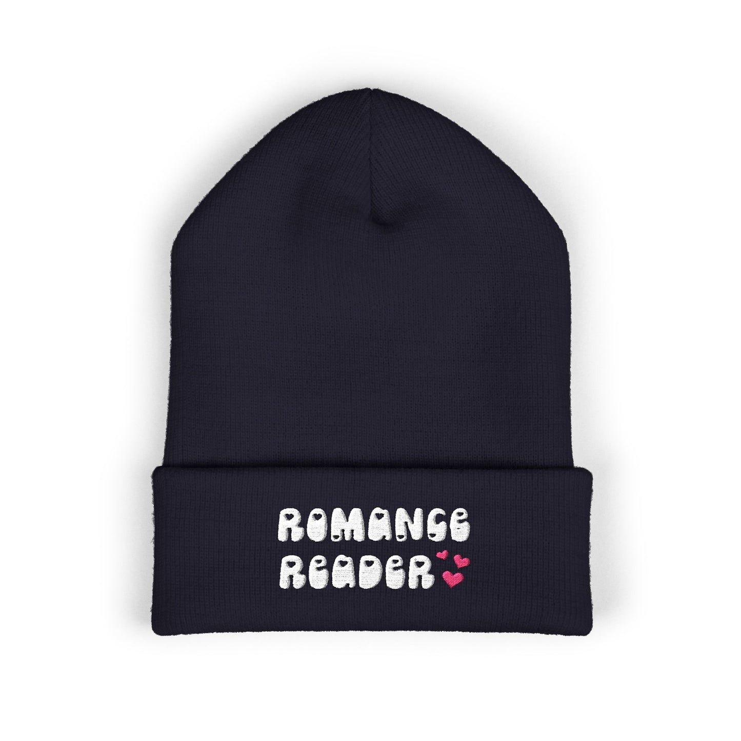 "Romance Reader" - Embroidered Literary Cuffed Beanie (White Text with Pink Hearts)