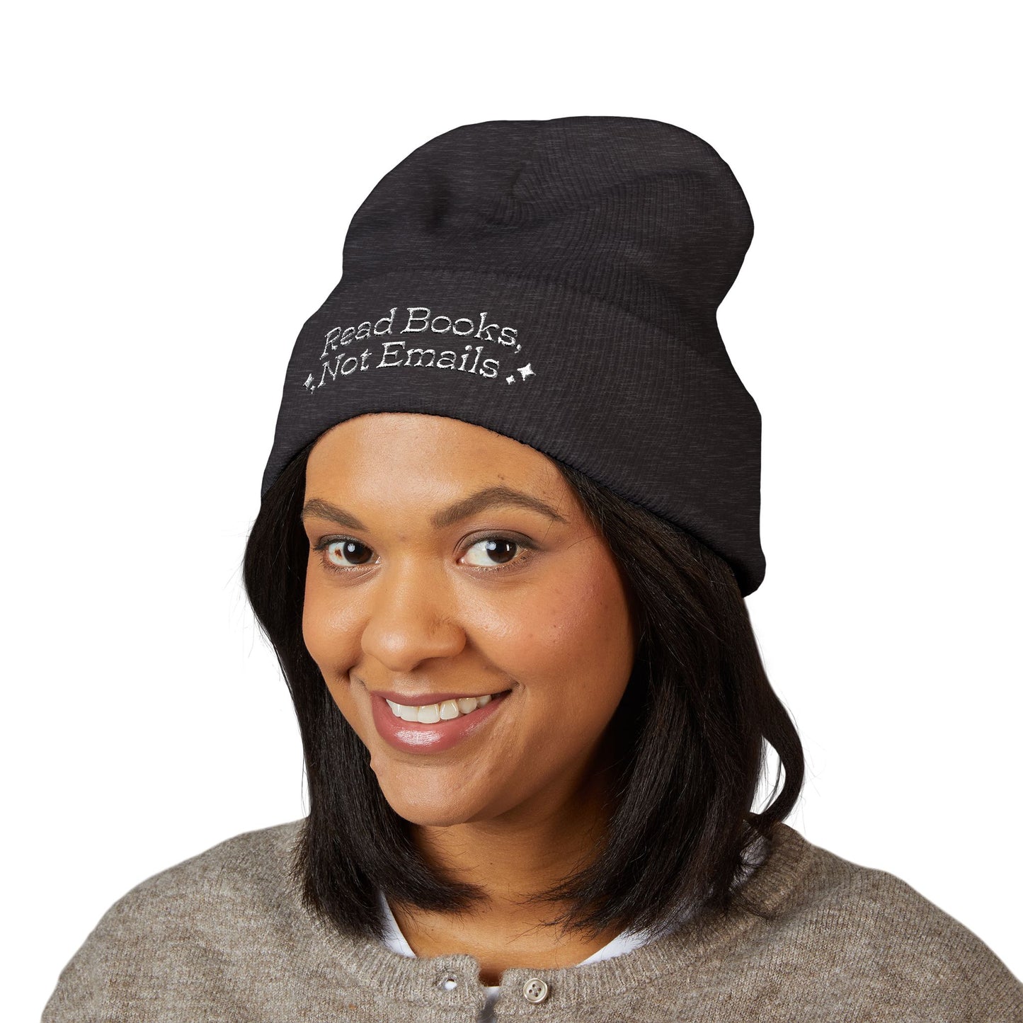 "Read Books Not Emails" - Embroidered Literary Cuffed Beanie (White Text)