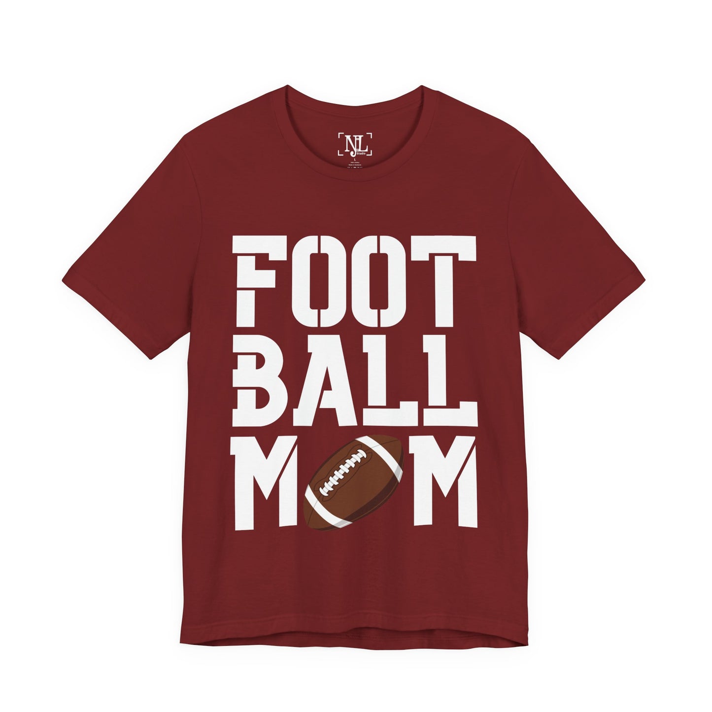 Football Mom T-Shirt – Bold Stacked Text with Football Graphic (White Text)