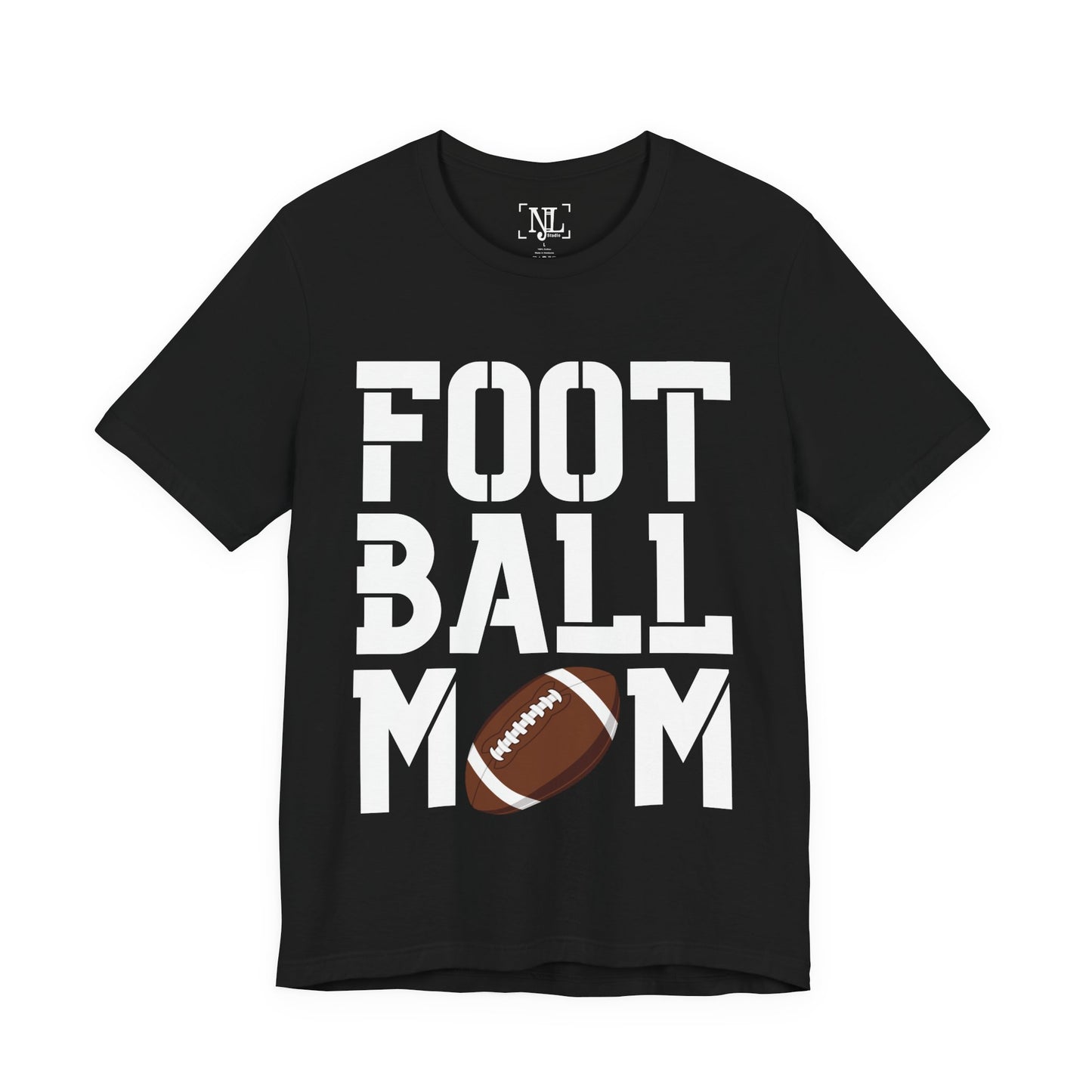 Football Mom T-Shirt – Bold Stacked Text with Football Graphic (White Text)