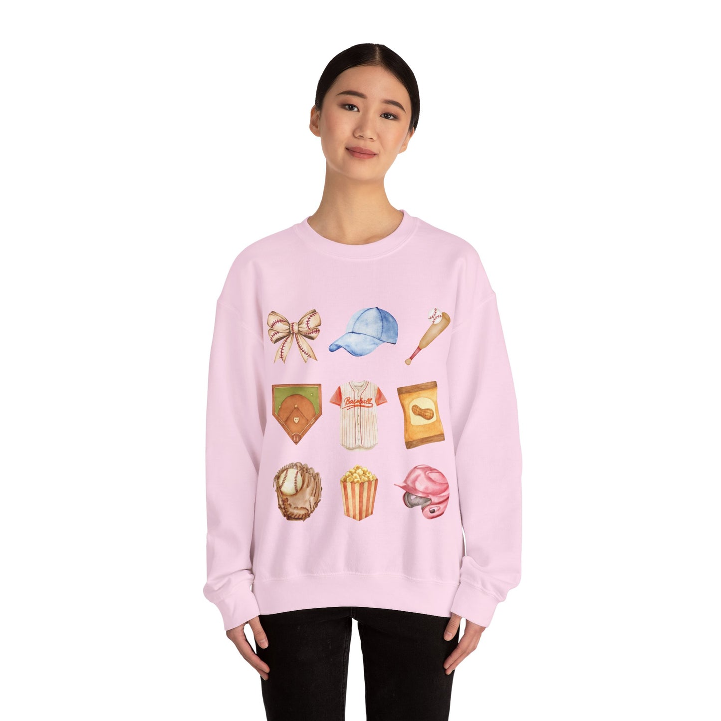 Baseball Icons Crewneck Sweatshirt — Watercolor Baseball Gear Graphic