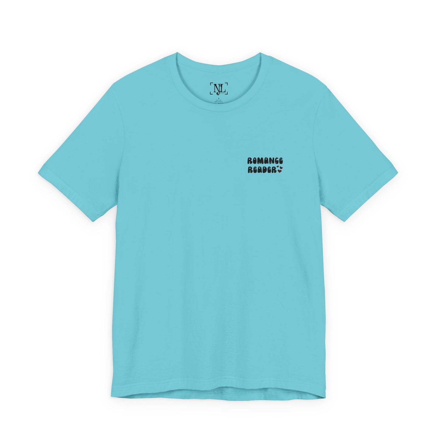 "Romance Reader" - Embroidered Literary Tee (Black Text with Maroon Hearts)