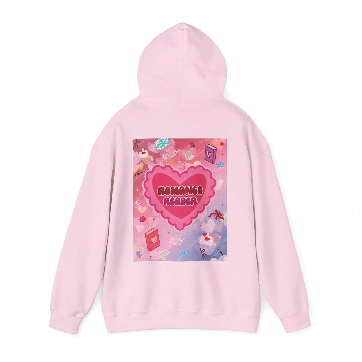Romance Reader Hoodie — Cute Pink Heart Book Lover Pullover (Black Text)