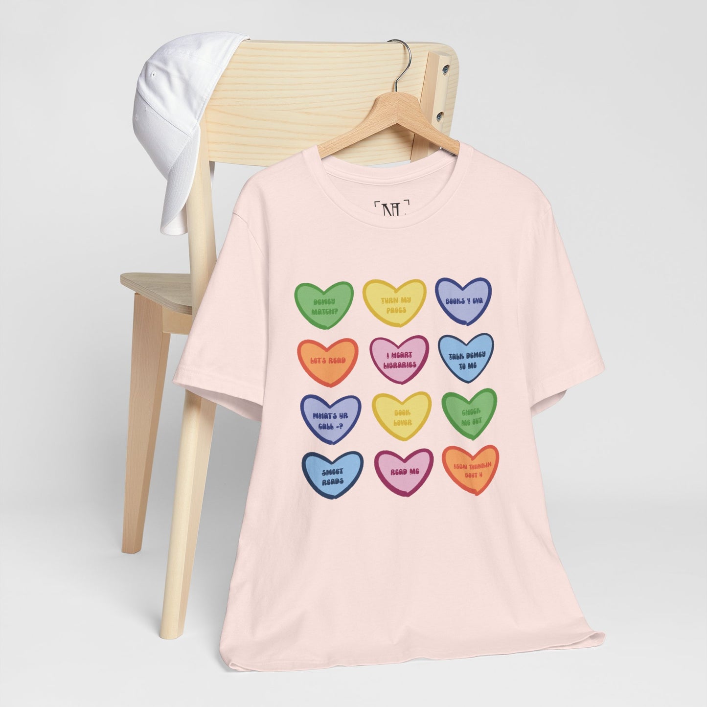 Library Conversation Heart Graphic Tee — Cute Pastel Candy Hearts with Messages