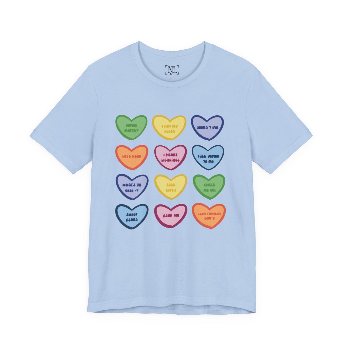 Library Conversation Heart Graphic Tee — Cute Pastel Candy Hearts with Messages