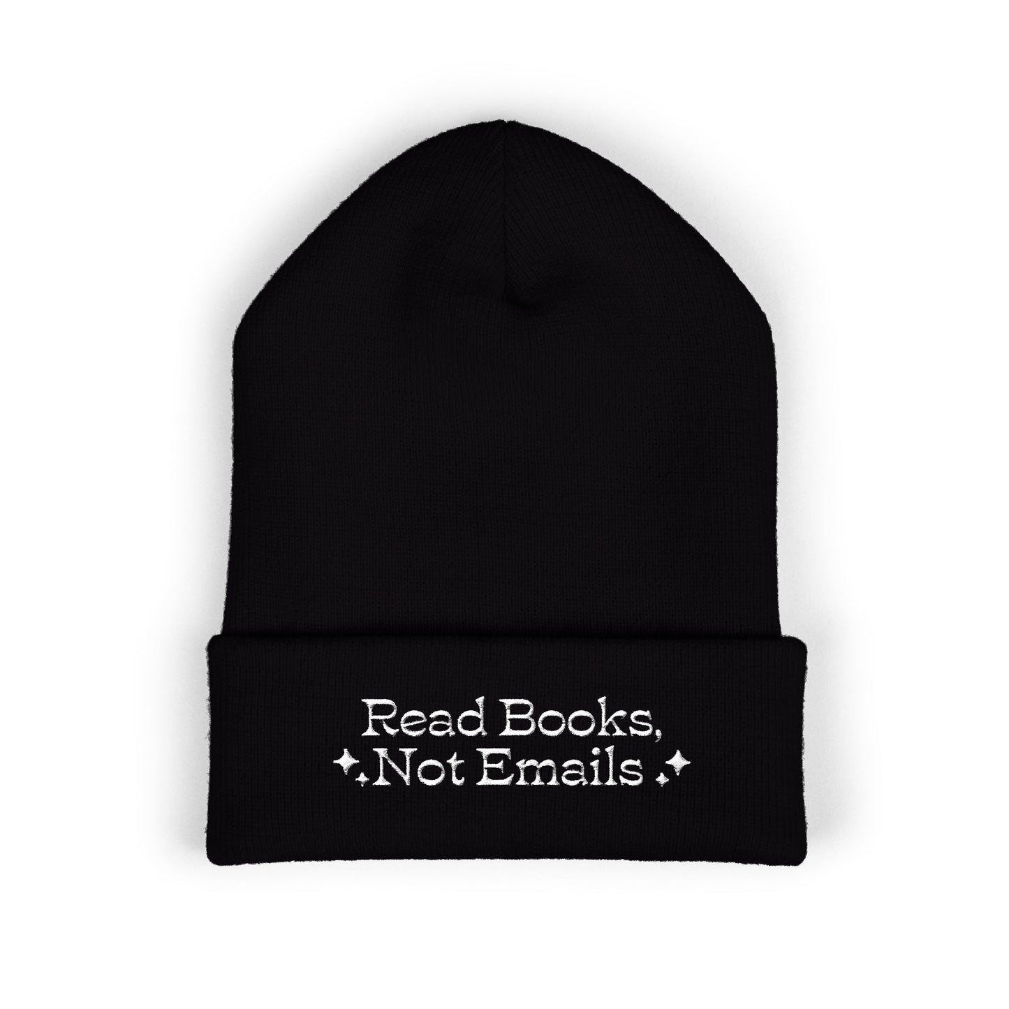 "Read Books Not Emails" - Embroidered Literary Cuffed Beanie (White Text)