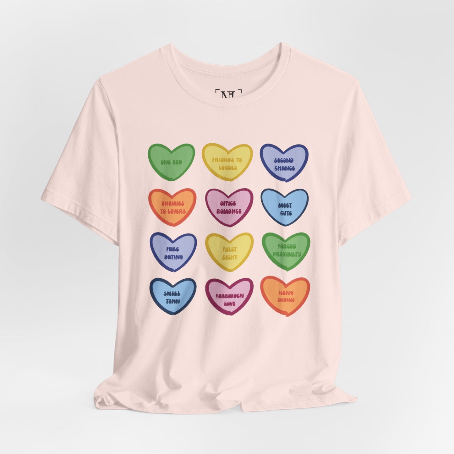Romance Book Tropes Conversation Heart Graphic Tee — Cute Pastel Candy Hearts with Messages