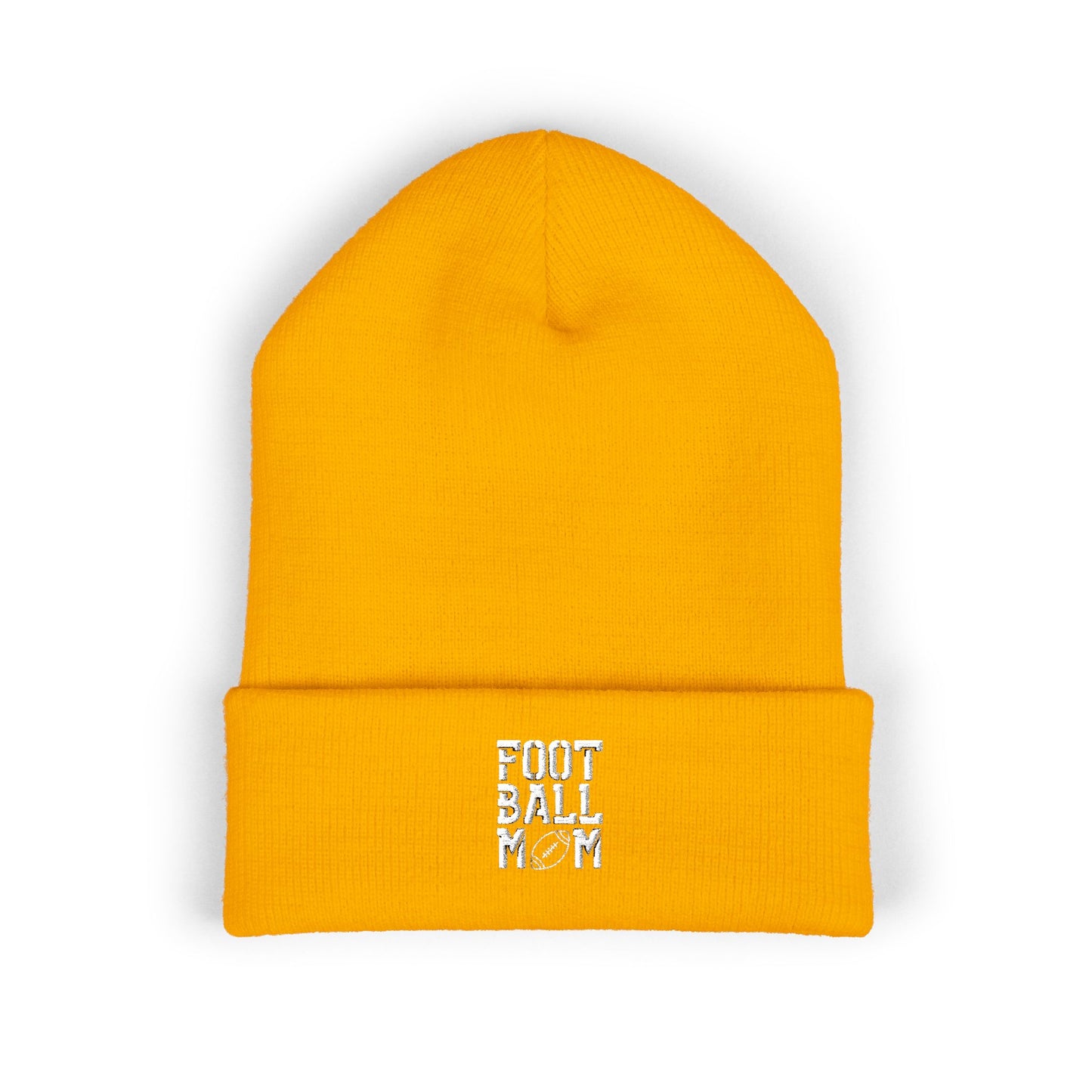 Football Mom Embroidered Cuffed Beanie – Cozy Sideline Knit Hat (White Text)