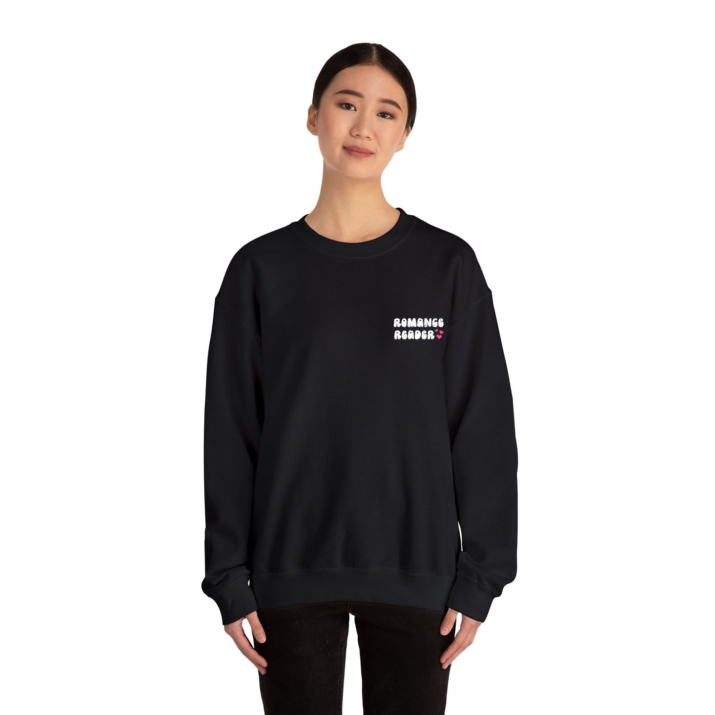 "Romance Reader" - Embroidered Literary Crewneck Sweatshirt (White Text with Pink Hearts)