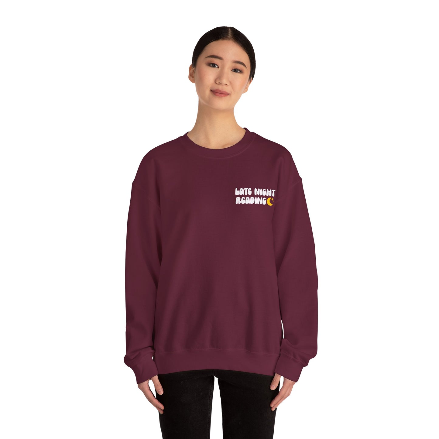 "Late Night Reading " — Cozy Book Lover Crewneck (White Text)