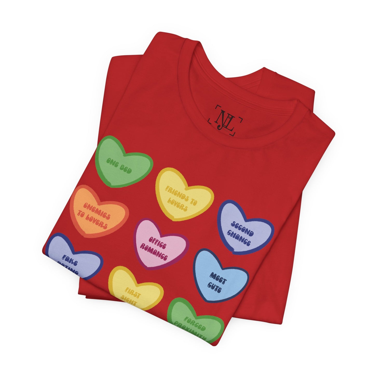 Romance Book Tropes Conversation Heart Graphic Tee — Cute Pastel Candy Hearts with Messages
