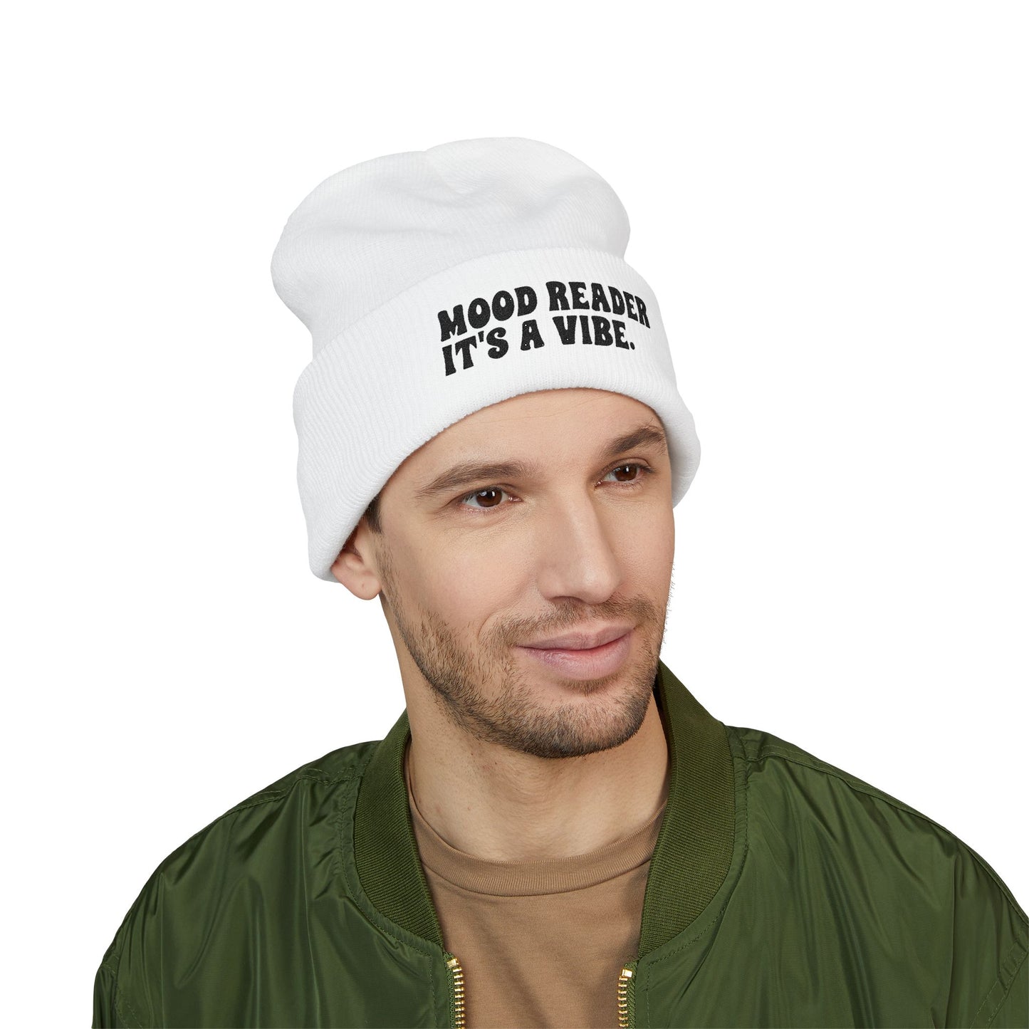 "Mood Reader It's a Vibe." - Embroidered Literary Cuffed Beanie (Black Text)