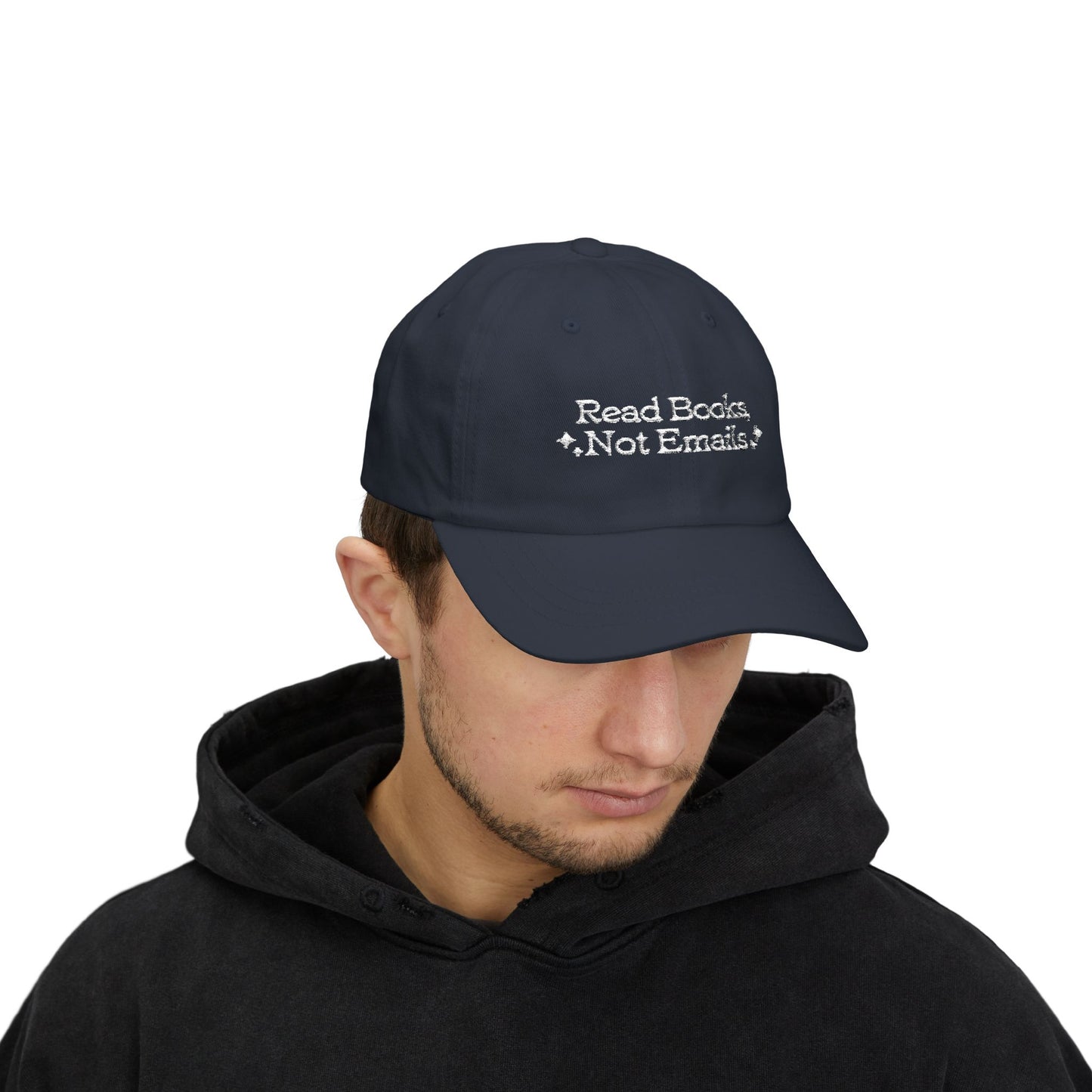 "Read Books Not Emails" - Embroidered Literary Dad Baseball Cap (White Text)