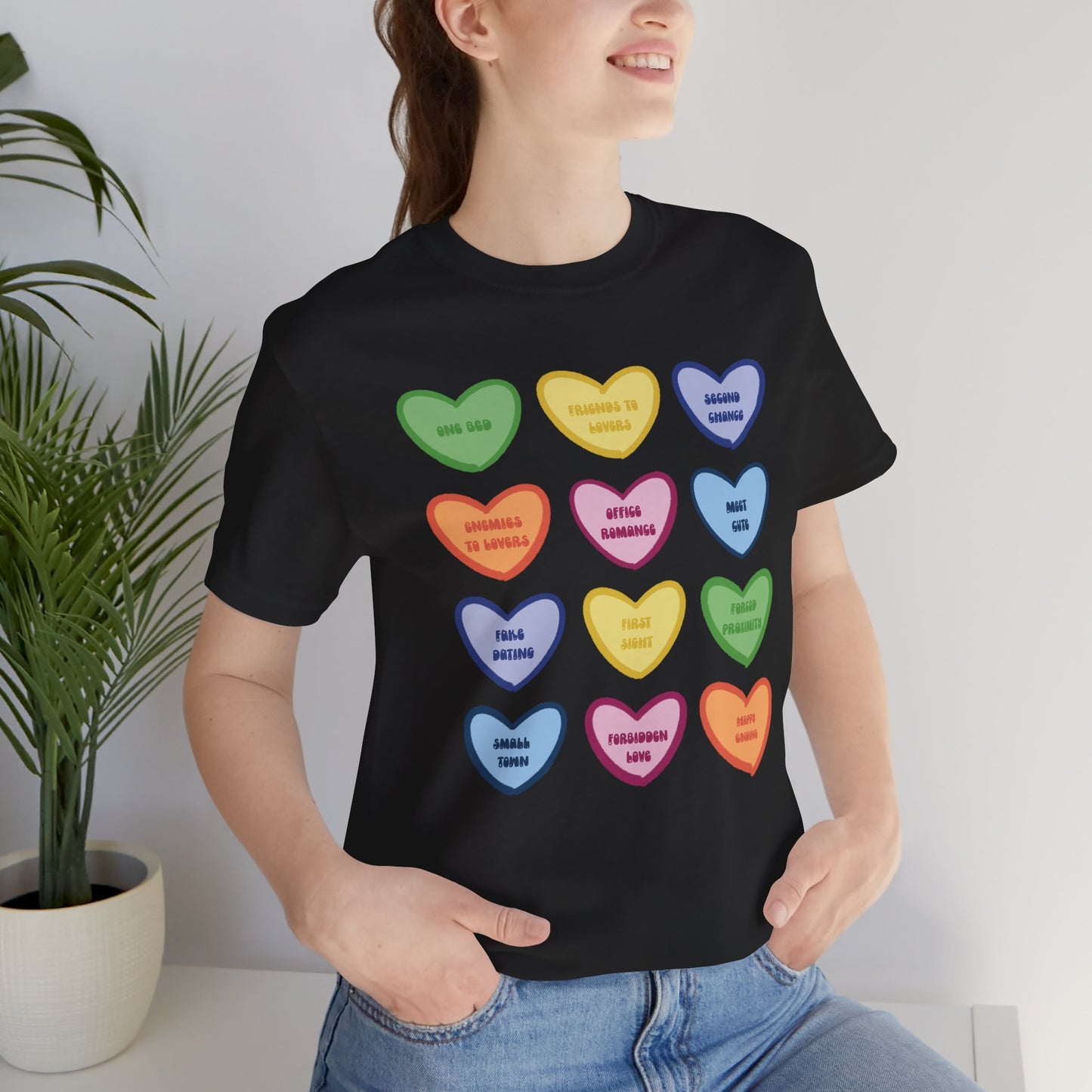 Romance Book Tropes Conversation Heart Graphic Tee — Cute Pastel Candy Hearts with Messages