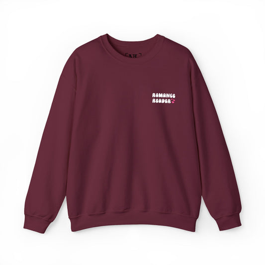 "Romance Reader" - Embroidered Literary Crewneck Sweatshirt (White Text with Pink Hearts)