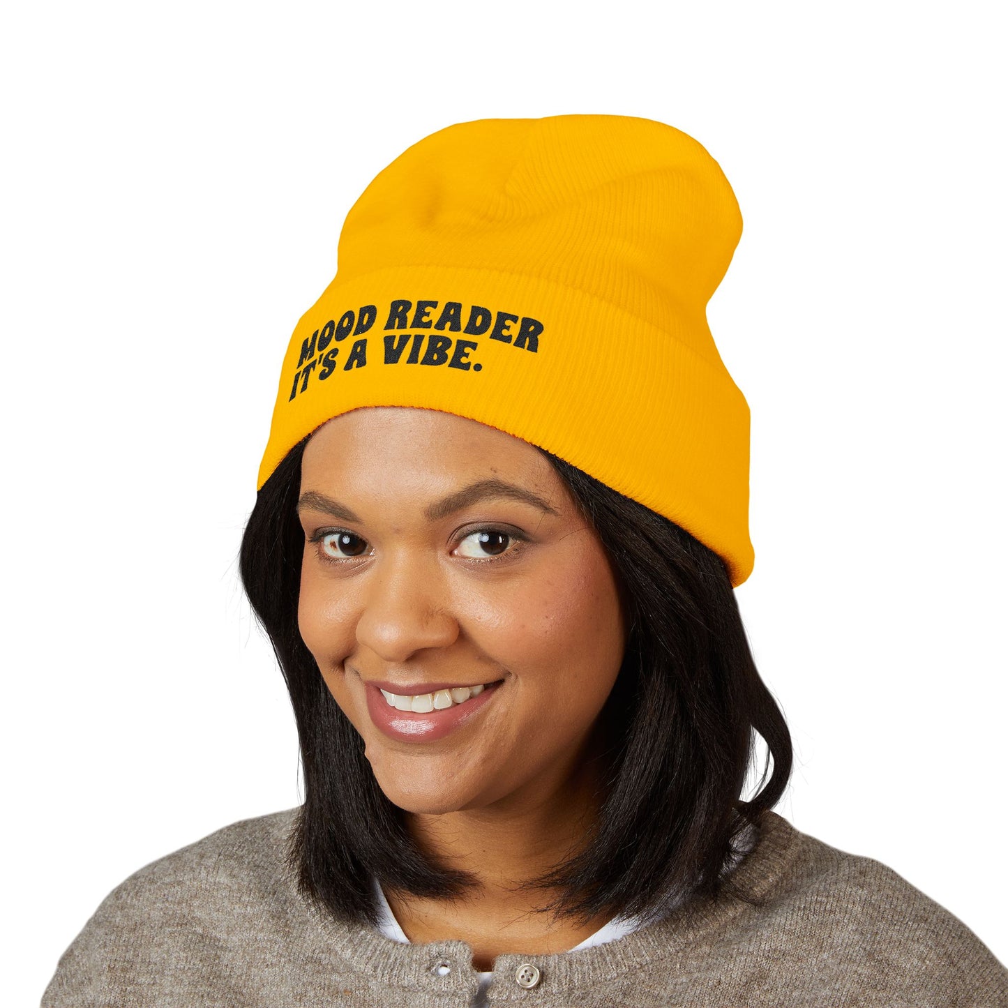 "Mood Reader It's a Vibe." - Embroidered Literary Cuffed Beanie (Black Text)