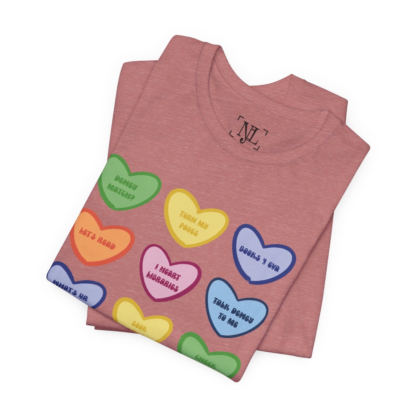 Library Conversation Heart Graphic Tee — Cute Pastel Candy Hearts with Messages