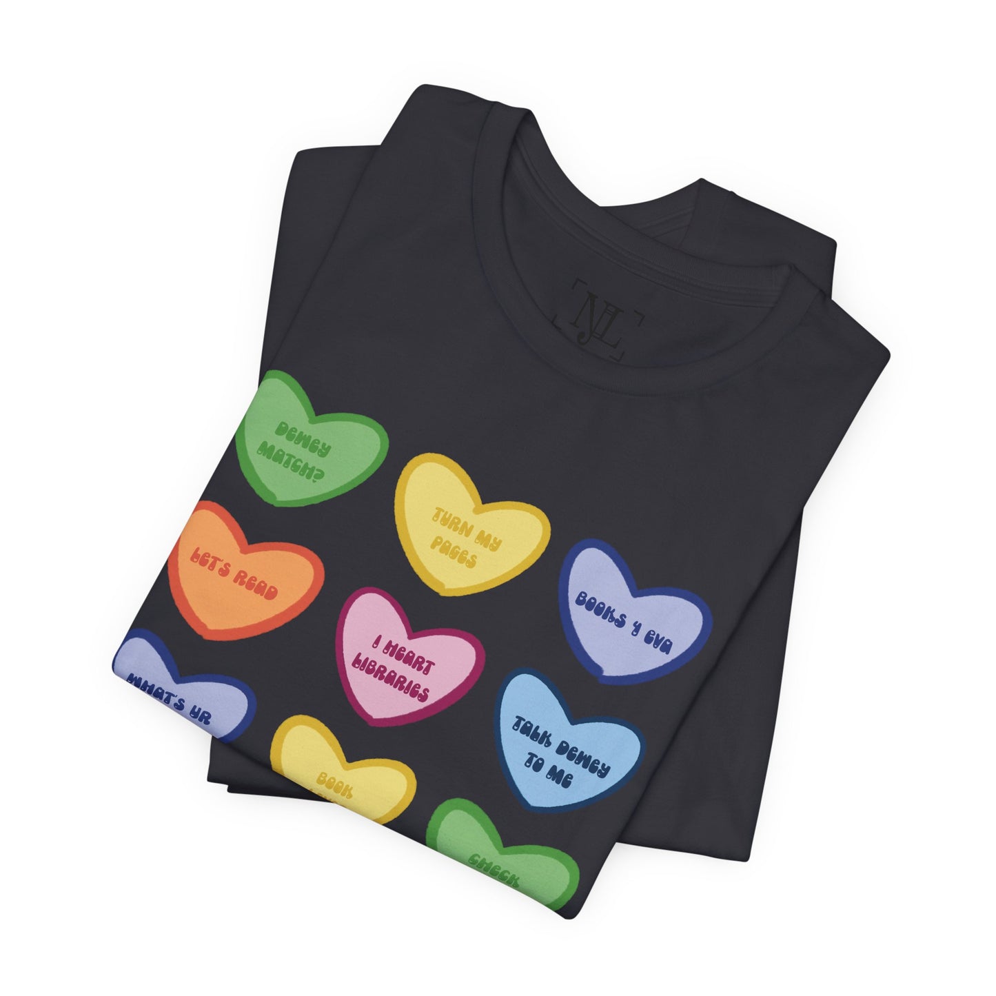 Library Conversation Heart Graphic Tee — Cute Pastel Candy Hearts with Messages