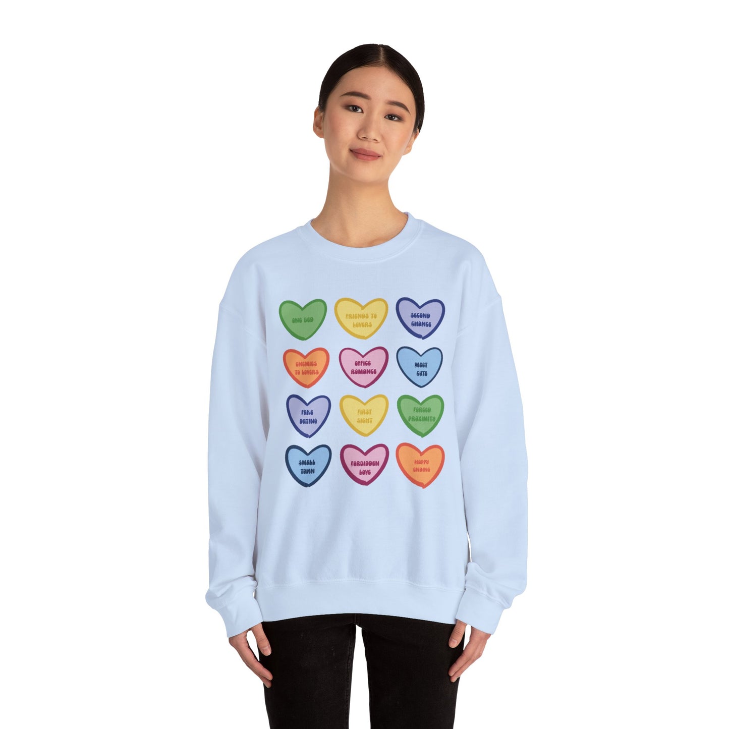 Romance Book Tropes Conversation Heart Sweatshirt — Colorful Valentine Candy Heart Graphic Crewneck
