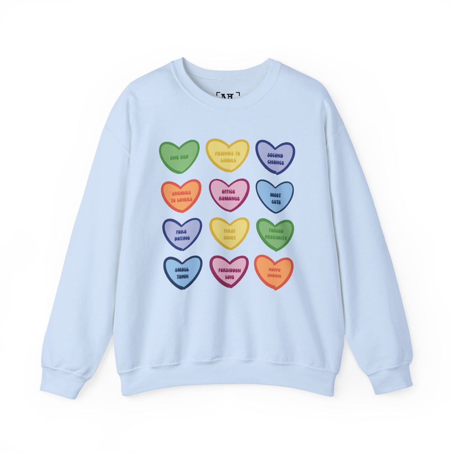 Romance Book Tropes Conversation Heart Sweatshirt — Colorful Valentine Candy Heart Graphic Crewneck