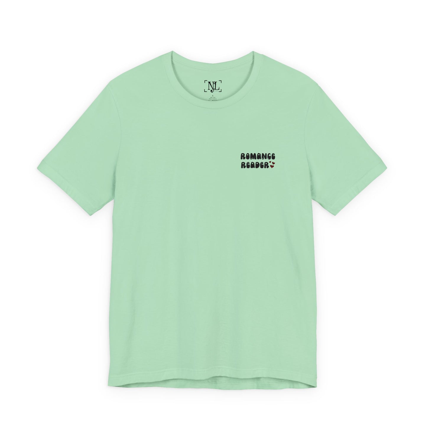 "Romance Reader" - Embroidered Literary Tee (Black Text with Maroon Hearts)