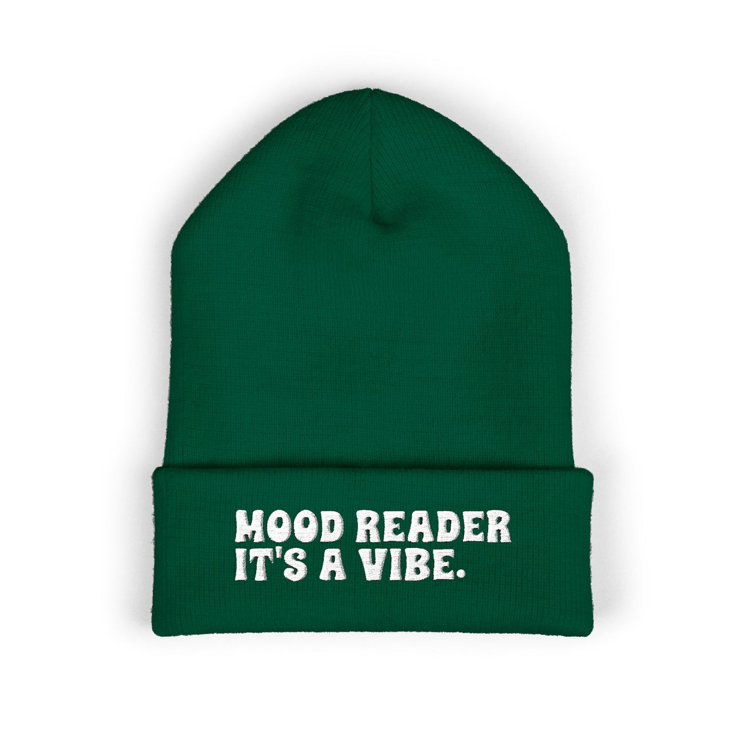 "Mood Reader It's a Vibe." - Embroidered Literary Cuffed Beanie (White Text)