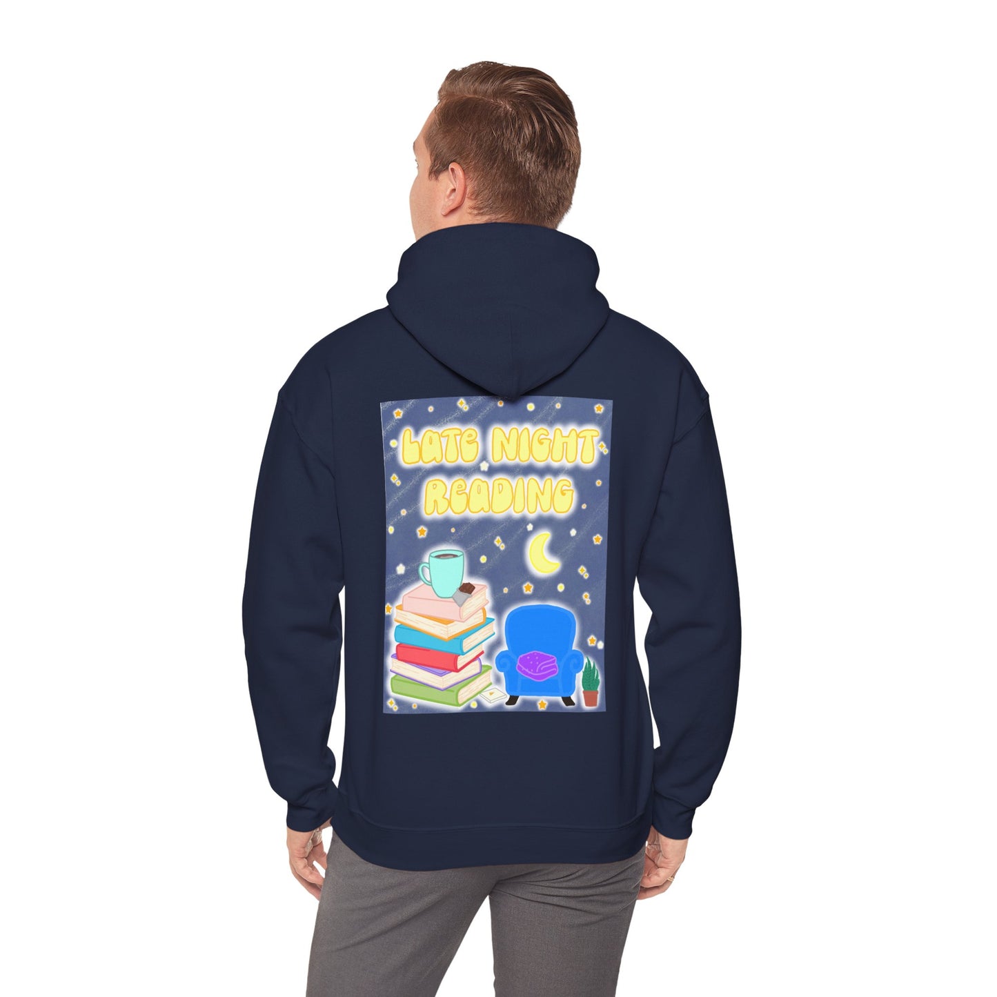 Late Night Reading Hoodie — Cozy Book Lover Pullover with Moon & Books Graphic (White Text)