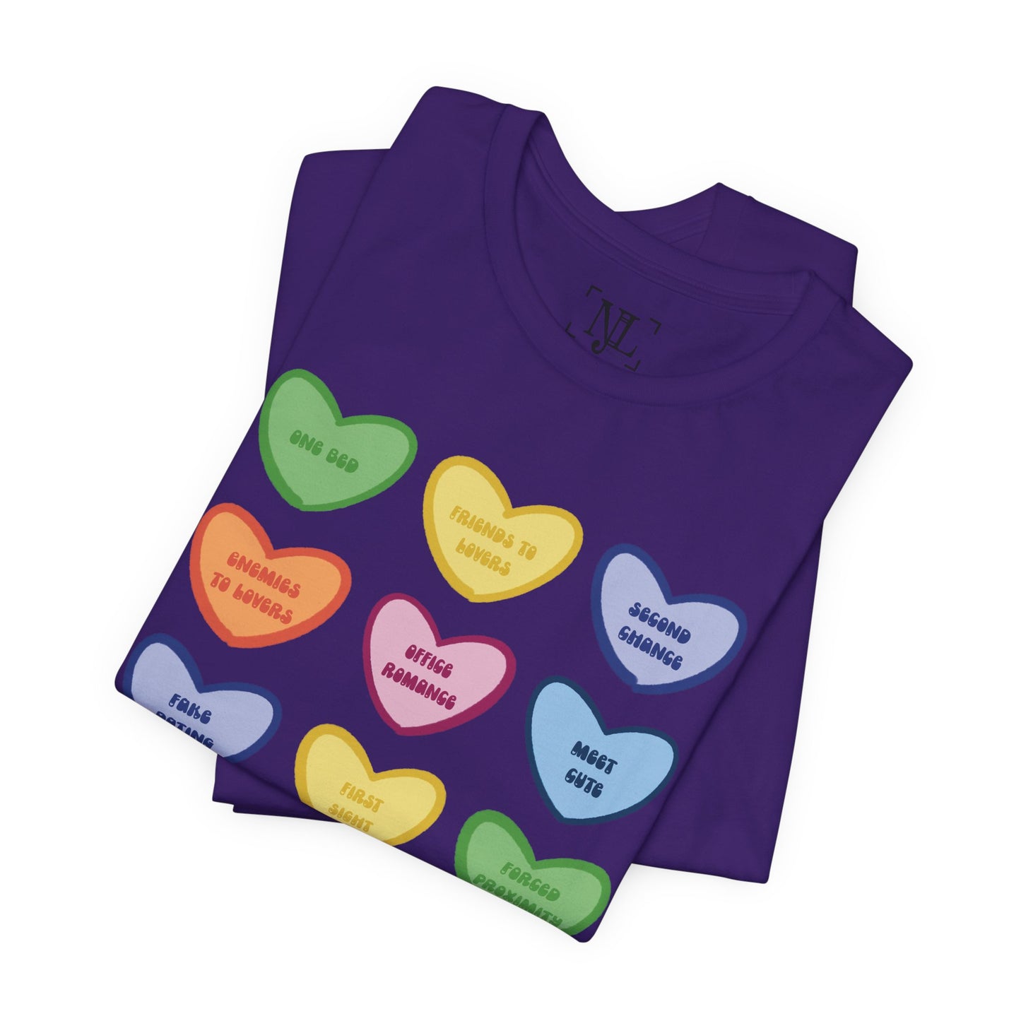 Romance Book Tropes Conversation Heart Graphic Tee — Cute Pastel Candy Hearts with Messages