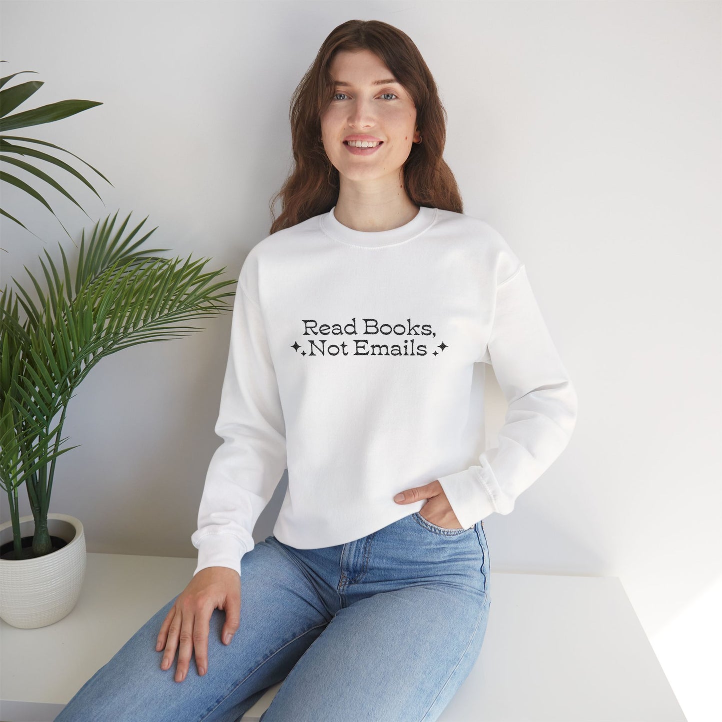 "Read Books Not Emails." - Embroidered Cozy Literary Sweatshirt (Black Text)