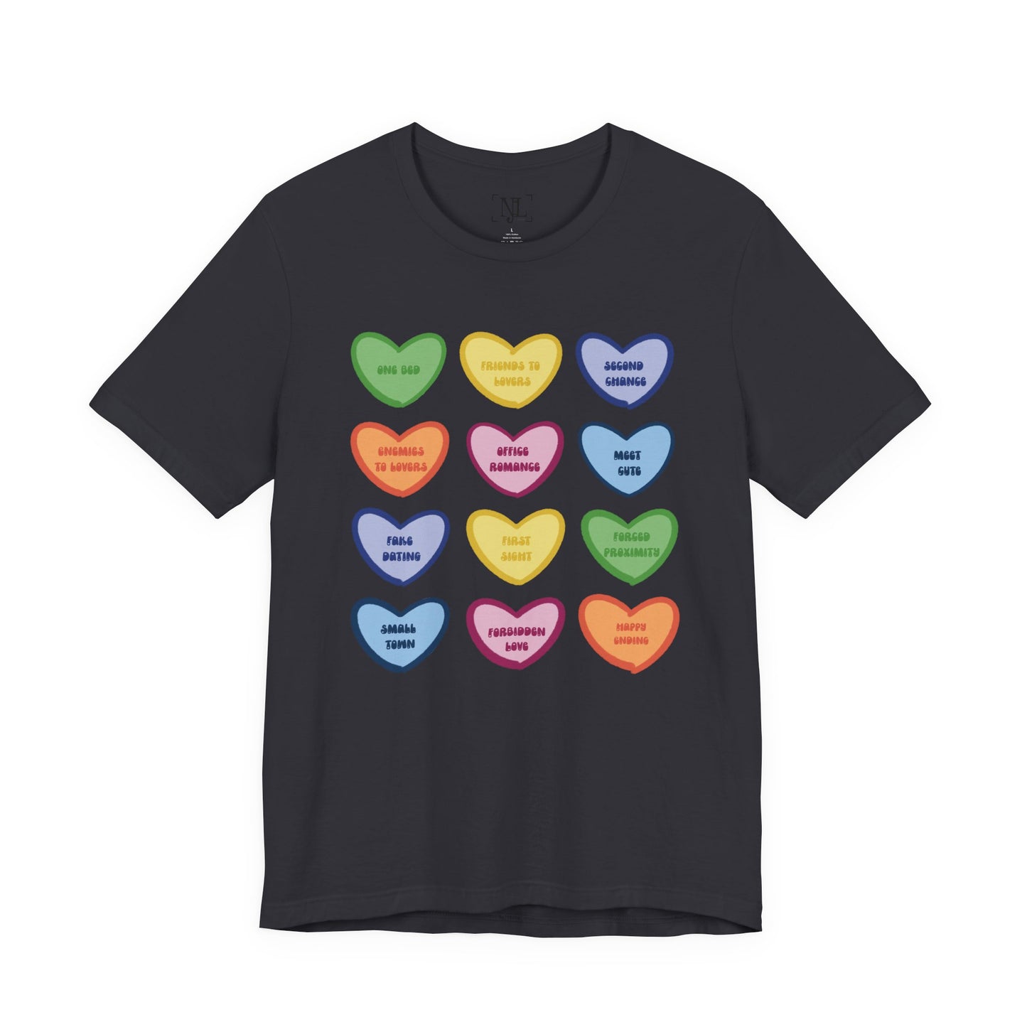 Romance Book Tropes Conversation Heart Graphic Tee — Cute Pastel Candy Hearts with Messages