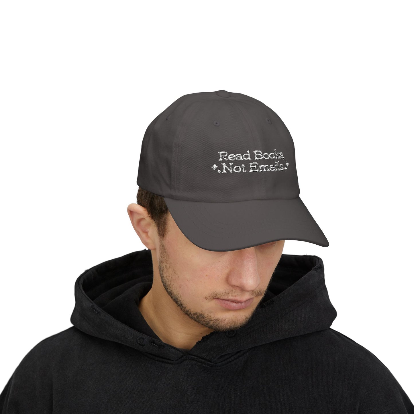 "Read Books Not Emails" - Embroidered Literary Dad Baseball Cap (White Text)